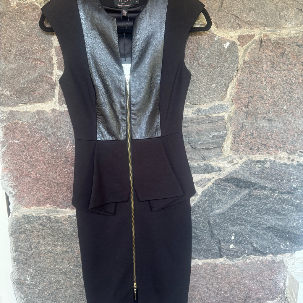 Ted Baker Black Midi Dress With Leather Detail